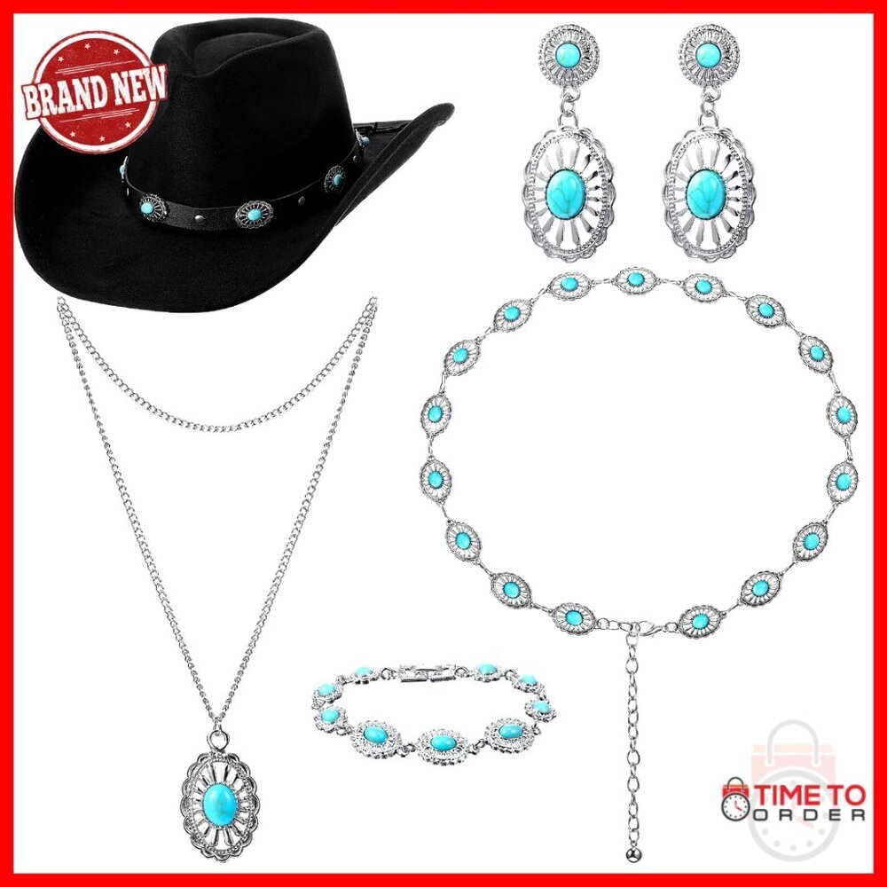 Western Cowboy Hat Set with Silver Jewelry, Adjustable Fit, Polyester Material